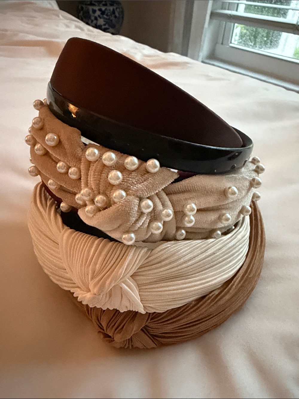 Stacked Women’s Headband Set – Cream, Beige & Brown with Pearls